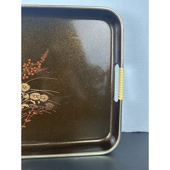 Vintage Brown And Black Lacquer Serving Tray Plastic Wrapped Handles Fall Decor - Picture 4 of 8